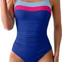 Aidonger Women's Ribbed One Piece Swimsuits Color Block Tummy Control Bathing Suit Slimming 1 Piece Swimwear, Size: Small (Blue-Pink-Royal Blue)