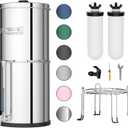 Purewell 3-Stage Gravity Fed Water Filter System, 2.25 Gallon Stainless Steel Countertop System with 2 Washable Ceramic Filters, Metal Water Level Spigot and Stand, Reduce up to 99% Chlorine, PW-OBT-K 