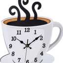 Fomaris Coffee Cup Wall Clock - White Modern Farmhouse Decor, Silent Non-Ticking Battery Operated Kitchen Clock for Coffee Bar, Cafe & Restaurant, 10.2x12 Inch