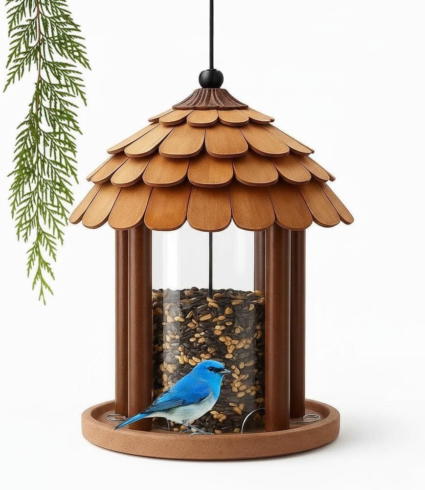 Gazebo Bird Feeder - Going Green Outdoor Garden Decorative Creation - 3 Lbs Capacity - Solid Cedar Wood Squirrel Proof Secure Lock, Assembling Needed