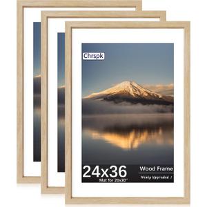 24X36 Poster Frame, Display Pictures 20X30 with Mat or 24X36 Without, Wall Hanging Frames, Natural Oak, 3 Pack