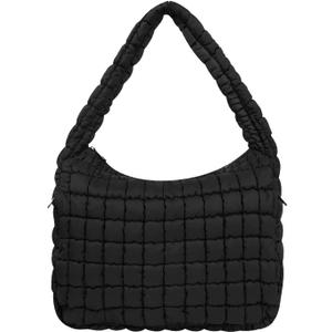 Tote Bag for Women, Women's Quilted Tote Bag with Zipper, Soft and Lightweight Puffer Tote Handbag-Black