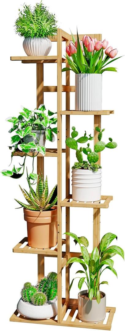 Plant Stand Indoor Corner, Tiered Bamboo Plant Shelf 46 Inch Tall, Plant Rack 6 Tier for Multiple Small Plants, Flower Holders for Living Room Bedroom Window Patio Balcony, Natural