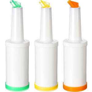 CHENGU 3 Pcs Bar Pour Colorful Juice Pouring Bottle Containers 34 oz Plastic Juice Dispensers for Bar Home Party Kitchen Supplies (Green,Yellow,Orange)