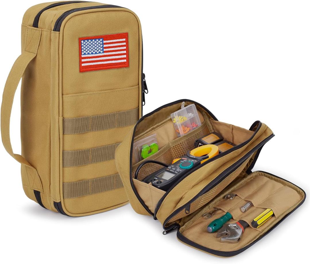 ATRIPACK Tactical Tool Bag for Men, Wide Mouth Tool Pouch with Water-Resistant, Multi-purpose Range Bags with Zipper Handle, Heavy Duty Small Tool box organizer for Repairman, Carpenters, Handyman (Brown)