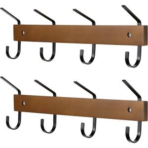 SCUNDA 2 Pcs Wall Coat Rack with Hooks, Wooden Wall Mount Coat Rack with 4 Hooks, 13.4 inches Coat Hooks for Wall, for Hanging Coats, Keys, Towels, Hats for Entrance Hall, Bedroom, etc.(Brown)