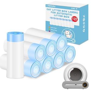 120 Count Cat Litter Box Liners for Self-Cleaning Cat Litter Box, Replacement Kitty Litter Liners, 8 Rolls Drawstring Waste Bags for Small Automatic Litter Boxs, 19.7 x 17.7 Inches（8 Packs/120 Counts）