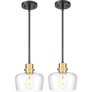 Emak 2 Pack Black Gold Pendant Lights Kitchen Island, Modern 8 Inch Clear Glass Pendant Light, Farmhouse Island Lights for Kitchen, Bathroom, Dining Room, PL122-BKBGD-CG-2PK