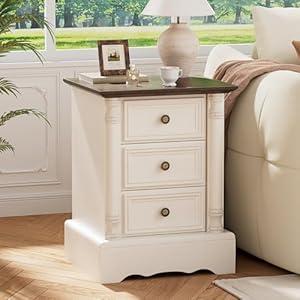 Nightstand with 3 Drawers, Rustic Night Stand 18' Wide Side Table with Storage, Mid-Century Modern Couch End Table with Vintage Handles, Small Dresser for Bedroom, Living Room, Antique White