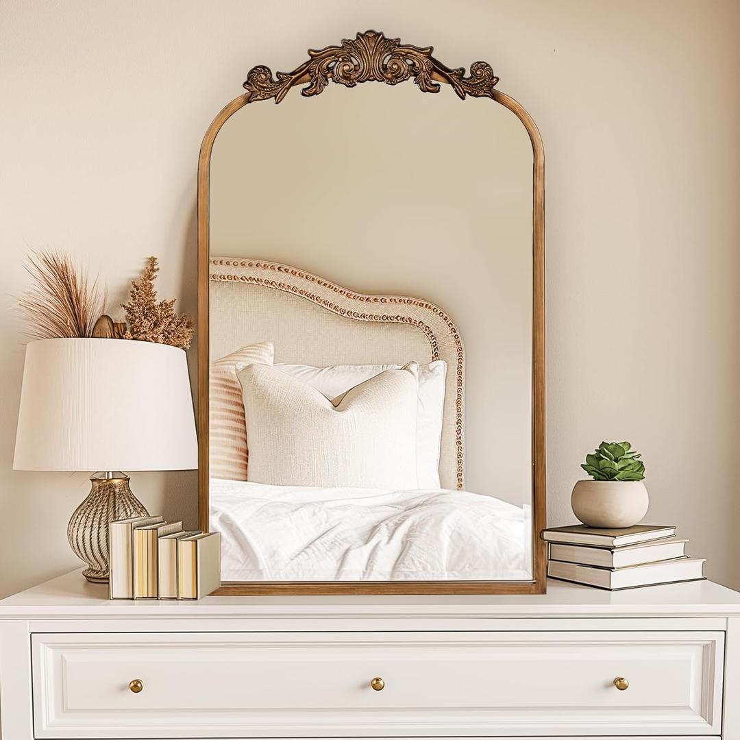 USHOWER 19" x 31" Gold Vintage Mirror for Wall, Antique Baroque Mirror with Ornate Frame, Gold Arched Brass Mirror for Fireplace, Bathroom, Living Room, Entryway (31"L x 19"W)