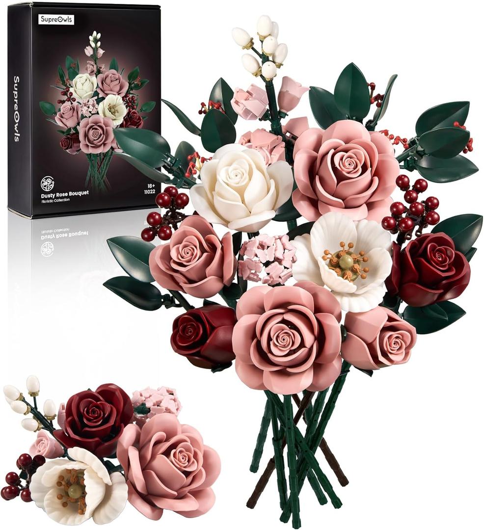 iATOM Pink Roses Flower Bouquet Building Set, Artificial Flowers Botanical Collection Kit for Adults Women & Men - Gift for Valentines Day, Home Room Office Shelf Centerpieces Decor - IA11022