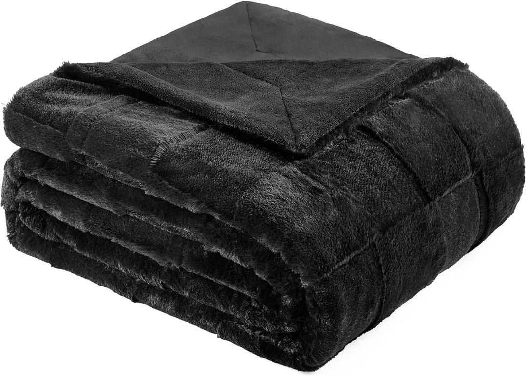 Cozy Bliss Checkered Large Faux Rabbit Fur Black Twin Bed Blanket, Soft Fuzzy Fluffy Minky Furry Plush Blankets for Couch, Bed, Adults (60 * 80 Inches Black) (Twin(60" x 80"), Black)