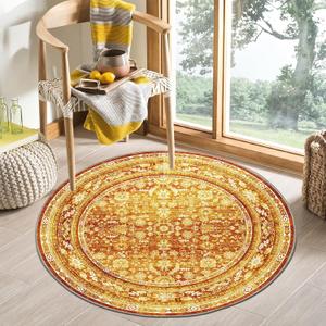 OPPODREAM Vintage Orange Round Rug 4ft, 4 ft Retro Washable Circle Rug Non Slip, Low-Pile Faux Wool Circular Carpet, Distressed Floor Mat for Living Room, Bedroom, Office, Dorm, Dinning Room