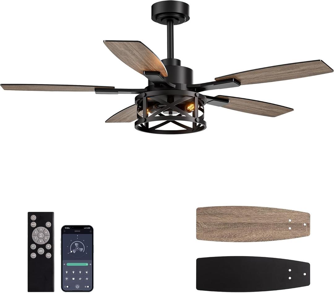 50 Inch Ceiling Fans with Lights and Remote & APP Control, Farmhouse Ceiling Fan with LED Lighting for Bedroom Living Room and Patio, Black Caged Ceiling Fan for Indoor and Outdoor(NO BULB