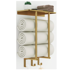 Towel Rack with Metal Shelf and 3 Hooks, Bethom Towel Racks for Bathroom Wall Mounted, Metal Gold Bath Towel Holder Storage Wall for Small Bathroom