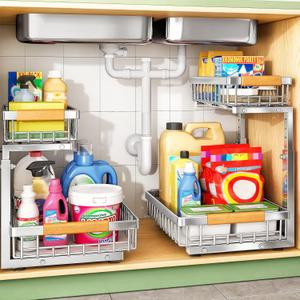 Under Sink Organizer, Stainless Steel 2 Packs 2 Tier Under Sink Organizers and Storage, Slide out Pull out Cabinet Shelf, Sliding Drawer for Kitchen Bathroom Pantry Cabinet Closet Organization Rack (Silver)