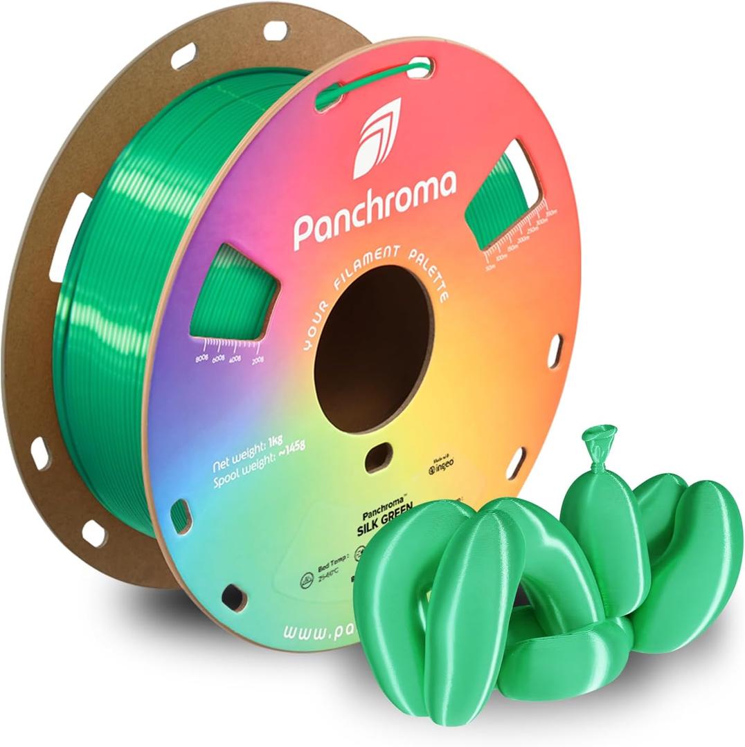 Polymaker Panchroma Silk PLA Filament 1.75mm 1kg, Shiny Green, New and Improved Formula, Better Strength, Printing Speed and Clog-Free. Works in Most FDM and Multicolor 3D Printers.