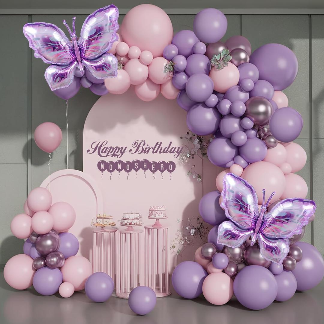 Butterfly Balloons Arch Garland Kit,Pink and Purple Balloons with Lavender Lilac Foil Butterfly for Girl's Birthday Baby Shower Wedding Mother's Day Valentines Party Decorations