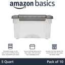 Amazon Basics Plastic Storage Containers with Secure Latching Lids, Stackable Organization Bins for Organizing, Clear/Grey, 5 Quart, Set of 10