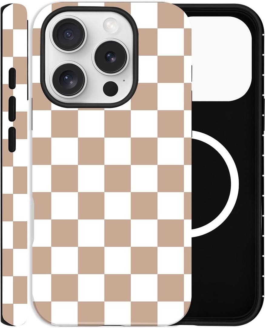 Checkered Phone Case for iPhone 15 Pro Max, Compatible with MagSafe, Aesthetic Checkerboard Cute Magnetic Design Hybrid 2-Layer Hard Shell Cover for Women, Brown