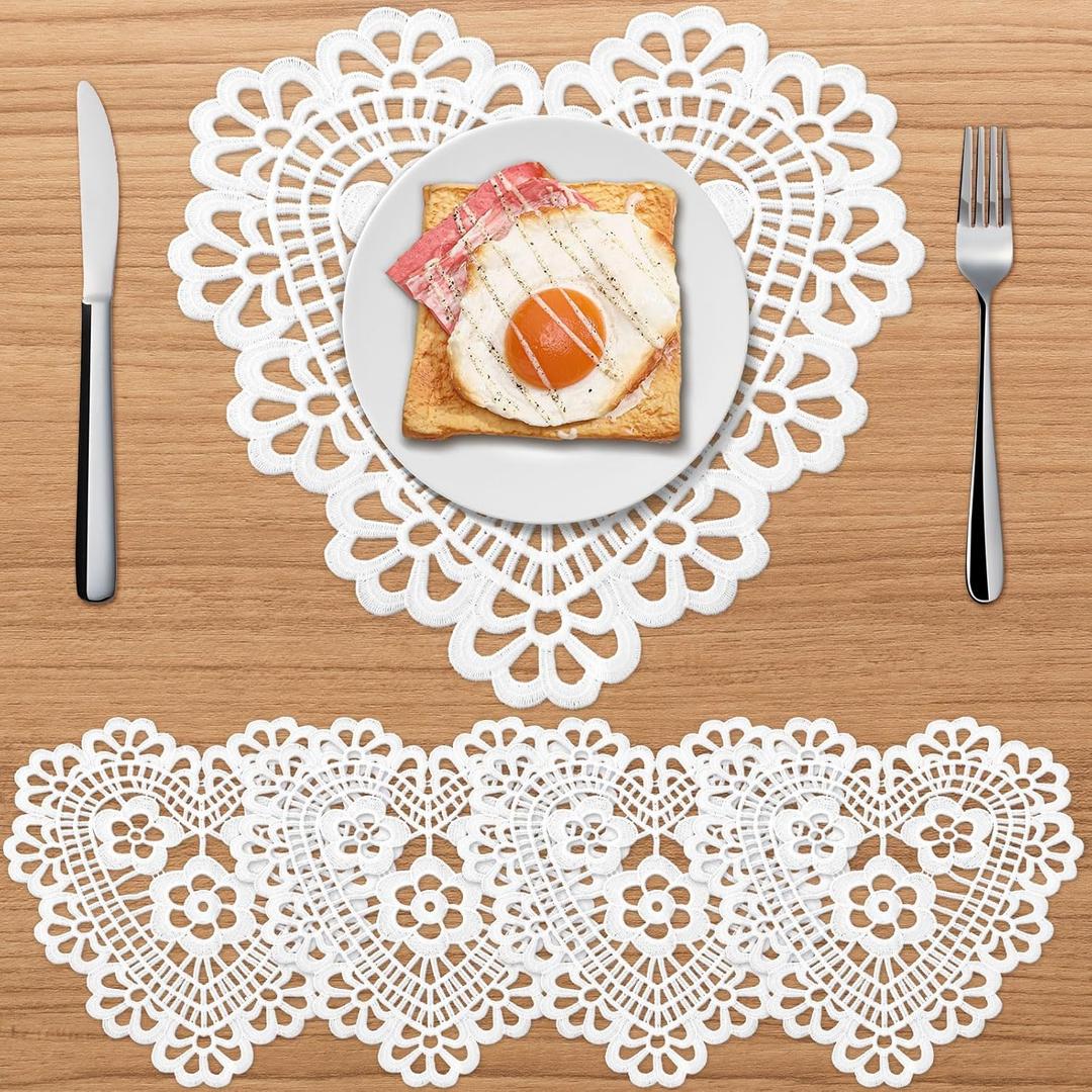 4 Pcs Valentines Day Heart Placemats 12 Inch Crochet White Lace Doilies Vintage Embroidered Table Mats for Dining Room Wedding Cup Vase Decorations