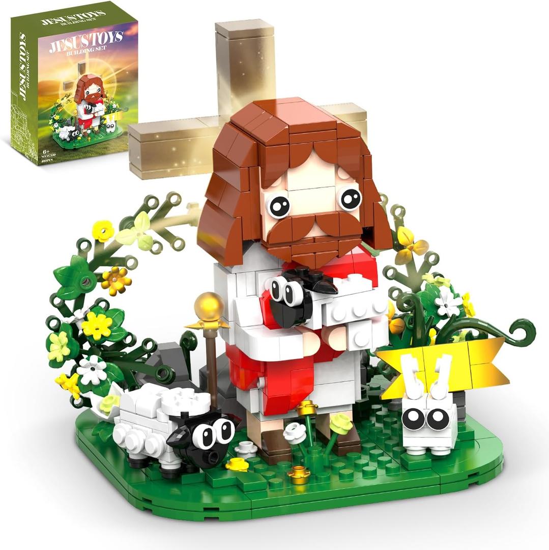 Jesus Building Block Set with Light, Nativity Toy Set with Good Shepherd, Animal Sheep & Bunny, Christian Construction Model Kit, Easter Gifts for Adults, Boys, Girls(400PCS)