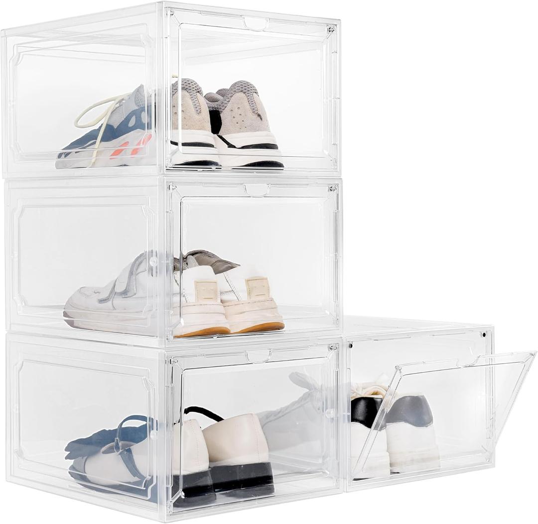 Set of 4, Stackable Plastic Clear Organizer with Lids, | Thick, Sturdy, Easy Assembly, Wardrobe, Fit up to US Size 12, Shoebox Containers, Front Open, Closet, Magnetic Door,