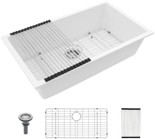 Lordear 33 Inch White Granite Composite Kitchen Sink Undermount | White Kitchen Sink Quartz Single Bowl Under Counter 33x19x9.65 Inch With Accessories