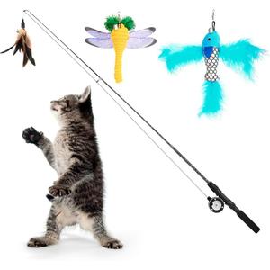 Pawaboo Cat Feather Toys, 4 Pack Interactive Cat Feather Teaser Wand Toys, Retractable Fishing Pole Wand Catcher Exerciser with Refill Fish, Dragonfly Worm with Bells, Fun Cat Kitten Kitty Playing Toy (Brown Blue Yellow)