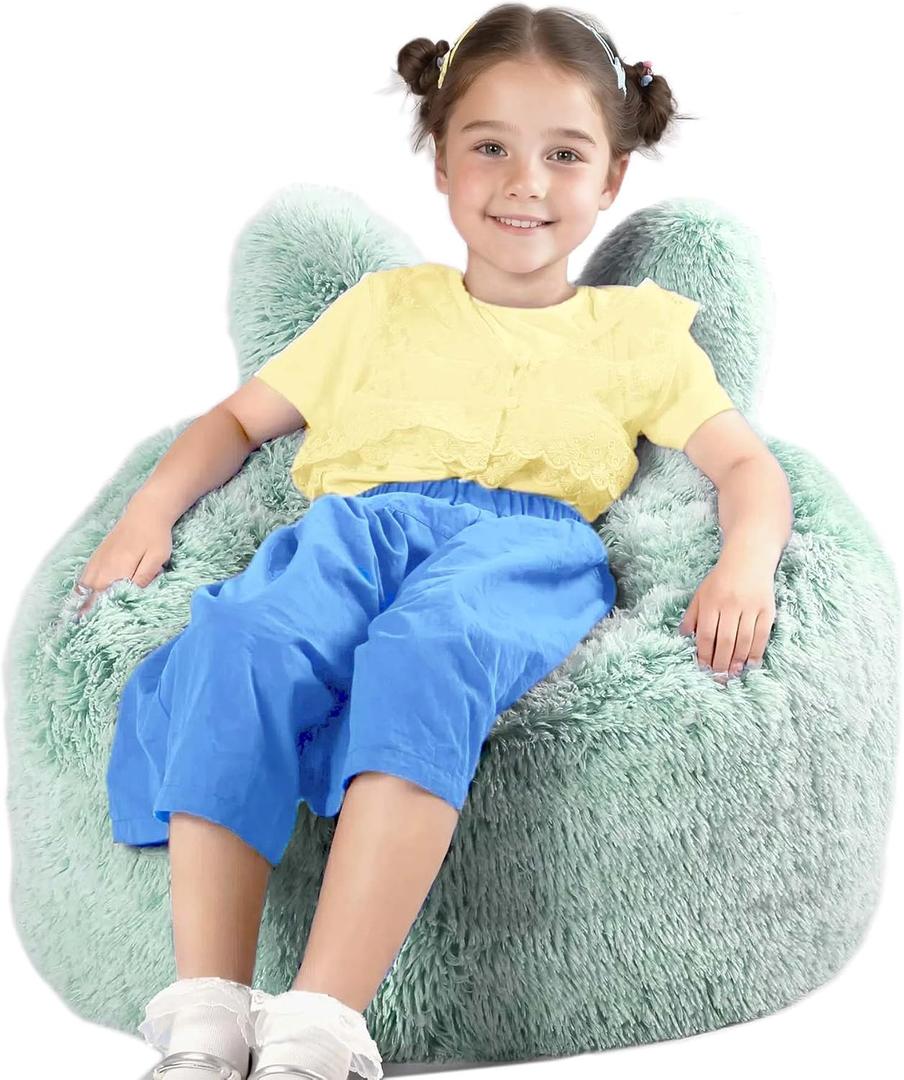 Aodenge Bean Bag Chair for Kids with Plush Faux Fur Cover, 2.5FT Memory Foam Filled Bean Bag for Teens & Kids, Lazy Sofa for Living Room/Bedroom/Dorm, Rabbit-Ears Design (Frost Green)