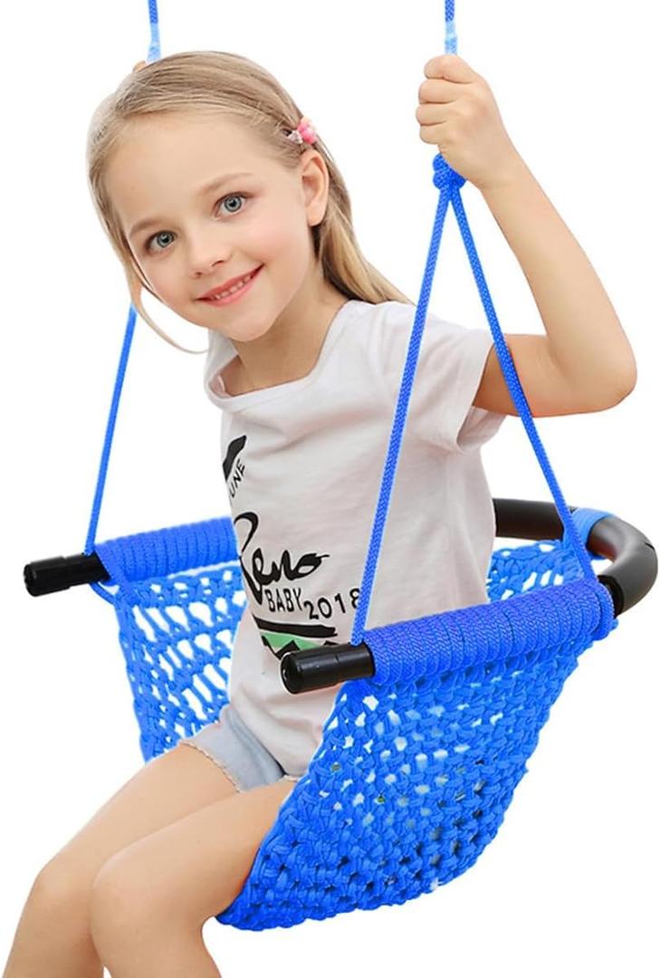 Hand-Knitting Toddler Swing, Swing for Kids with Adjustable Ropes, Heavy Duty Rope Play Secure Children Swing Set, for Indoor, Outdoor, Playground, Tree, 440 lbs Capacity (Blue)