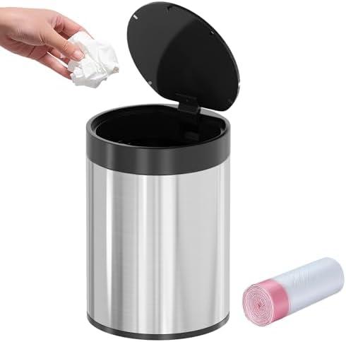 SolaceCove Mini Trash Can for Desk 0.4 Gallon,1.5L Stainless Steel mini Desk Trash can with Lid,Tiny Trash Can for Desk with 1 Roll Bags for Office, Home, Car,(Brushed Gray)