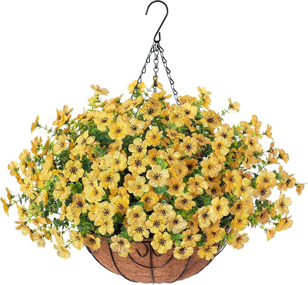 HyeFlora Artificial Fake Fall Hanging Mums Plants Flowers Basket for Outdoor, Autumn Faux Silk Yellow Daisy in Hang Planter Look Real UV Resistant for Porch Home Patio Balcony Yard Decor