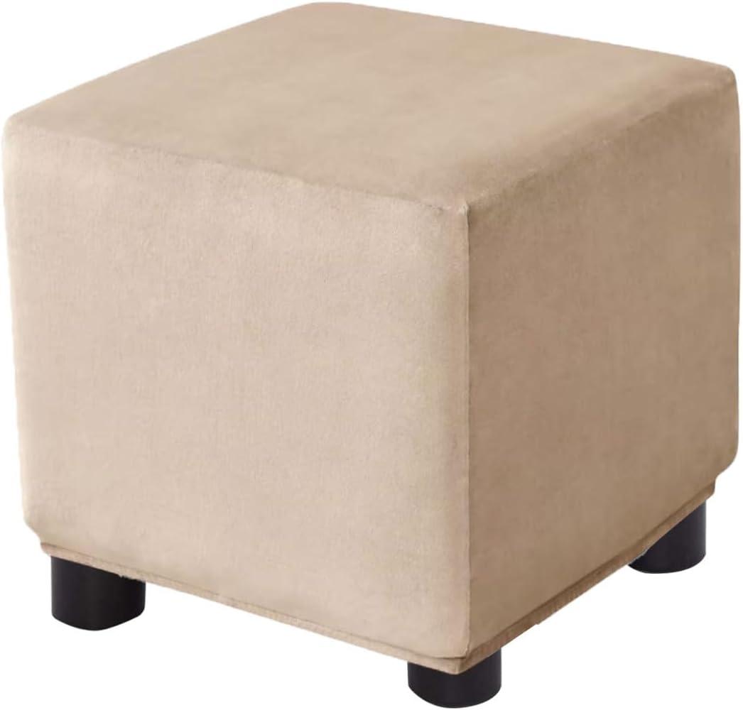 Ottoman Cover Square Velvet Storage Ottoman Slipcovers Thick Stretch Footrest Foot Stool Covers Protector with Elastic Band(Small- Beige-Gray)