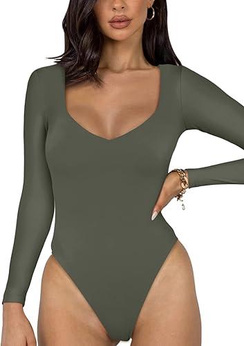 REORIA Women's Basic Sexy V Neck Double Lined Long Sleeve Slimming Going Out Thong Bodysuits Tops, Grey Green, XL