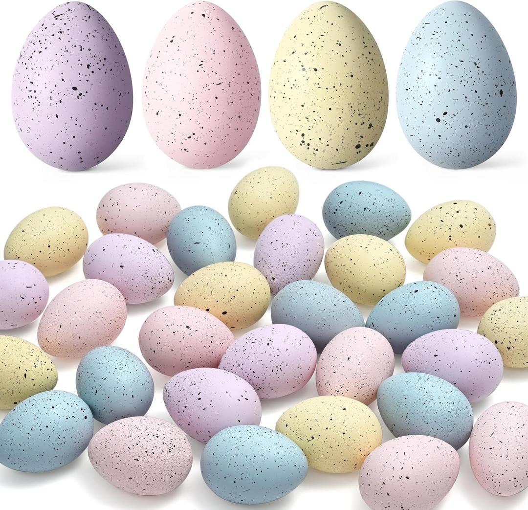 Waipfaru 32 Pcs Easter Eggs, Plastic Easter Decorations, Speckled Easter Table Decor, Easter Centerpiece Table Decorations for Indoor Outdoor Home Vase Filler Basket Spring Party DIY(Pastel Colors) (Blue, Yellow, Purple, Pink)