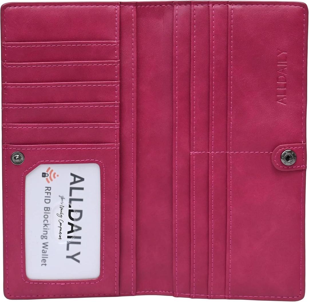 Alldaily Ultra Slim Thin Women Wallet RFID Blocking Credit Card Holder Bifold Long Ladies Billfold (Fuchsia Purple)
