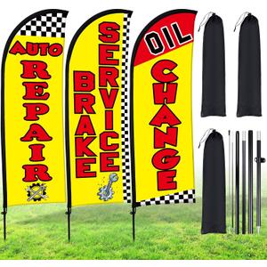 Buryeah 3 Set Feather Flags Pole Kit, Auto Repair, Brake Service, Oil Change Swooper Flag with Pole Ground Stake and Bag 7 ft Feather Banner Flag for Advertising Outside Ground(Yellow)