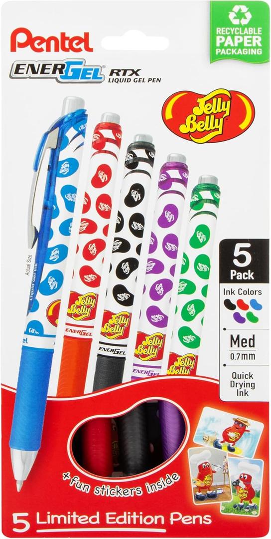 4 x Pentel EnerGel RTX Retractable Liquid Gel Pen, Jelly Belly Limited Edition, 0.7mm tip, Assorted colors, Pack of 5 pens, (BL77PF5M-JB)