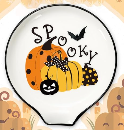 Whaline 1Pcs 4.7inch Black Cat Ceramic Spoon Rest Spooky Pumpkin Small Coffee Spoon Holder for Halloween Coffee Stirrers Teaspoon Bar Spoon Coffee Station Bar Accessories