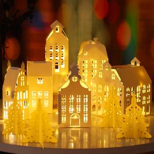 10 Pcs 3D Christmas Village Houses Sets White Winter Village with Light Xmas Houses and Trees Lantern Paper Decoration Christmas Figurines Scene Desktop Ornament for Home Xmas Village Party Decor