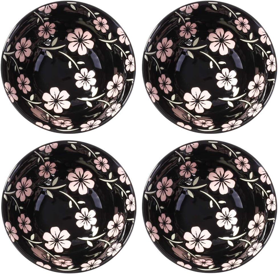 Japanese Style Rice Bowl Set of 4 Ceramic Cereal Bowls for Soup Snack Oat (4, Black Sakura)