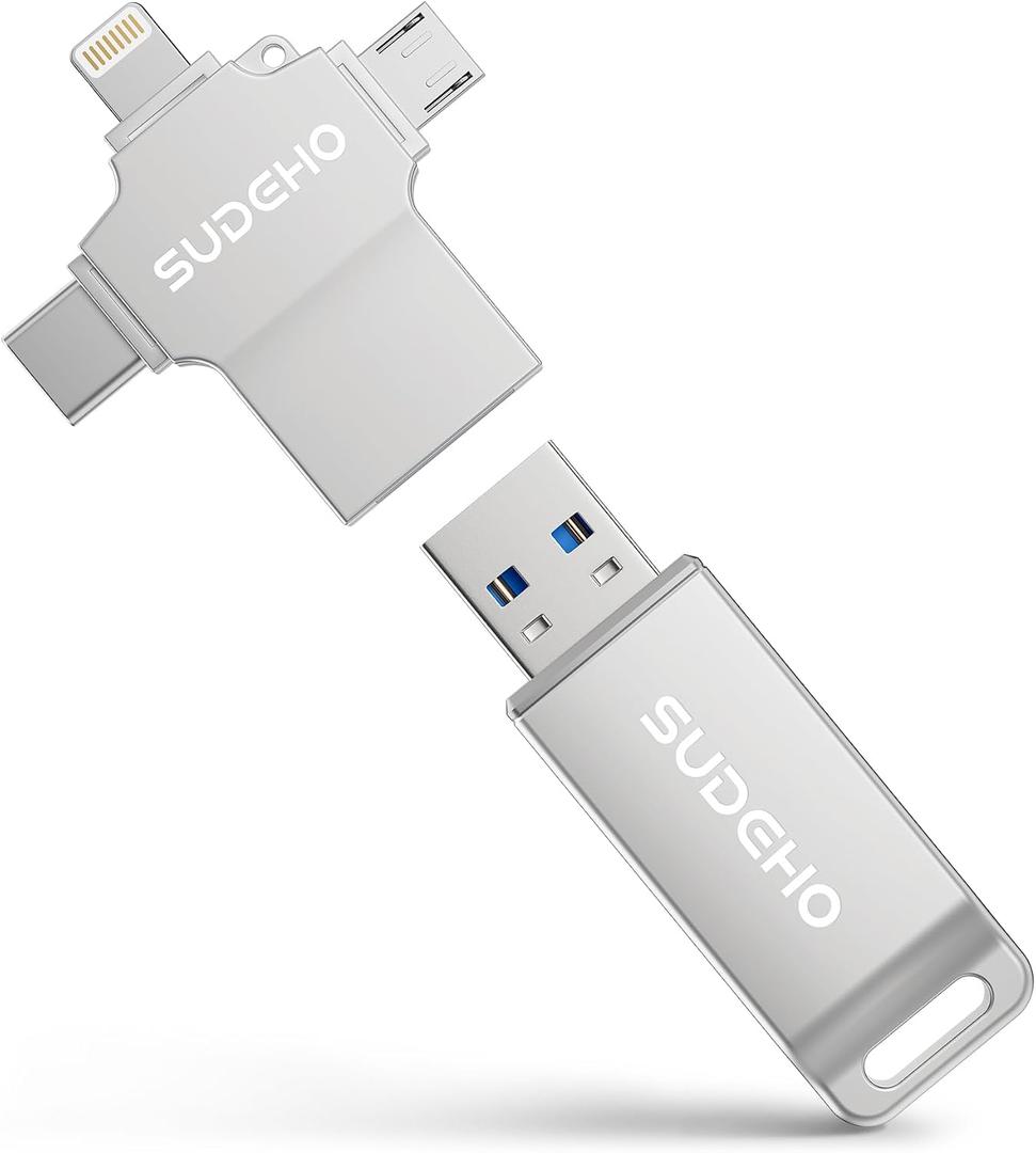 MFi Certified Photo Stick 128GB USB Flash Drive for iPhone, 4 in 1 External Memory Thumb Drive for Picture Video Saver and Backup, High Speed Memory Stick USB Drive for iPhone/iPad/Android/PC (Silver)