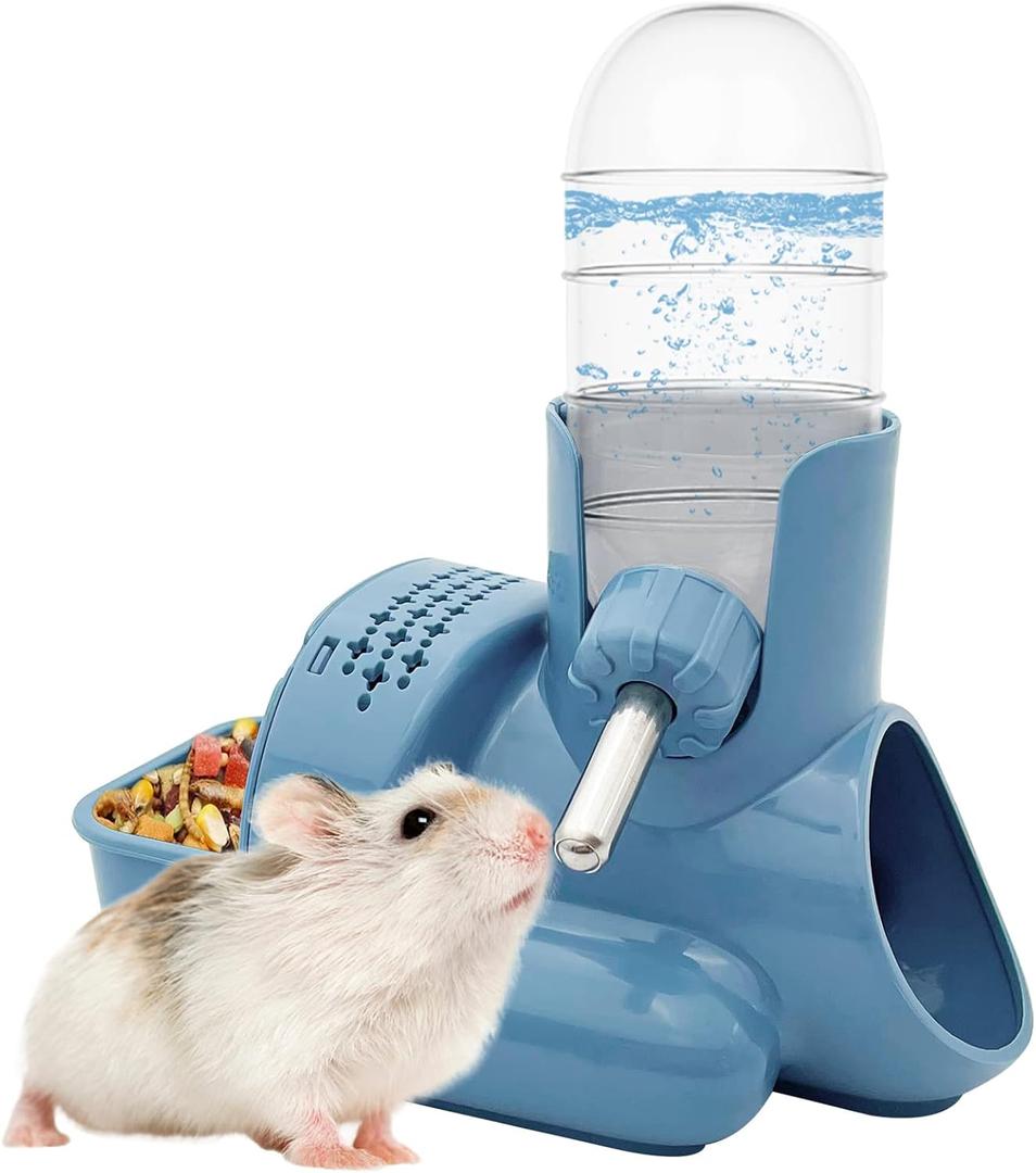 VANNON 3 in 1 Hamster Water Bottle No Drip Small Animal Water Bottle Automatic Bottle Dispenser with Food Container Base Hut and Hideout Base 4oz/120ml,Leekproof, BPA Free (Blue)