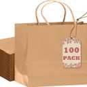 Qiqee 13"x4.5"x10" Large Gift Bag with Handles Bulk 100PCS Gift Paper Bags Brown Bags Multiple Uses (Wide Large)