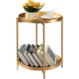 TeoKJ 2 Tier Round Side Table, Folding Metal Small Bedside Nightstand for with Two Removable Tray for Bedroom Living Room Bedside Small Spaces Gold