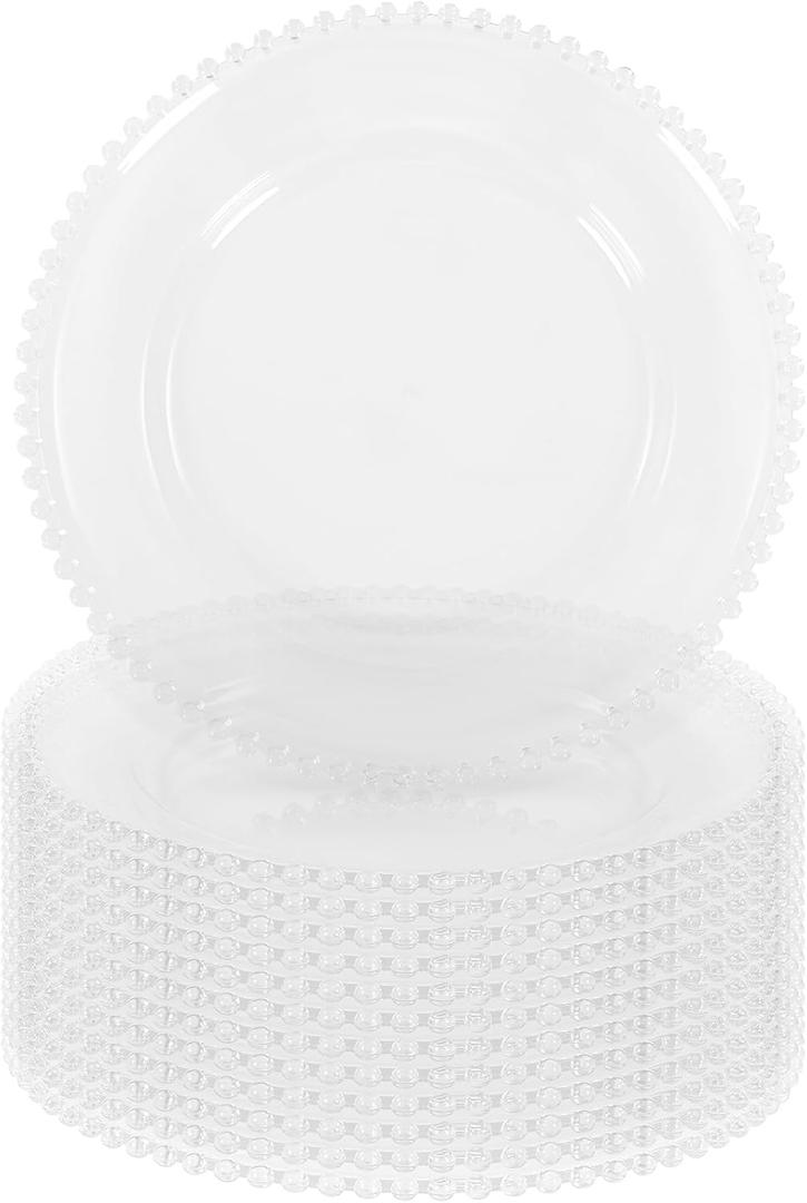 12 Pack Clear Acrylic Round Charger Plates With Beaded Rim, 13 Inch Plastic Decorative Plate for Table Setting, Wedding, Party, Event