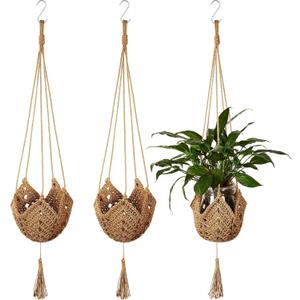 Shappy 3 Pack Jute Crochet Long Plant Hanger for 3 Inch to 12 Inch Pots, Macrame Plant Holder Rope with S Shaped Hooks for Halloween Home Decor (Brown)