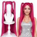Long Magenta Ponytail Pigtail Wig for Women Universal Rose Red Wig + Cap for Stage Party Halloween Costume Cosplay