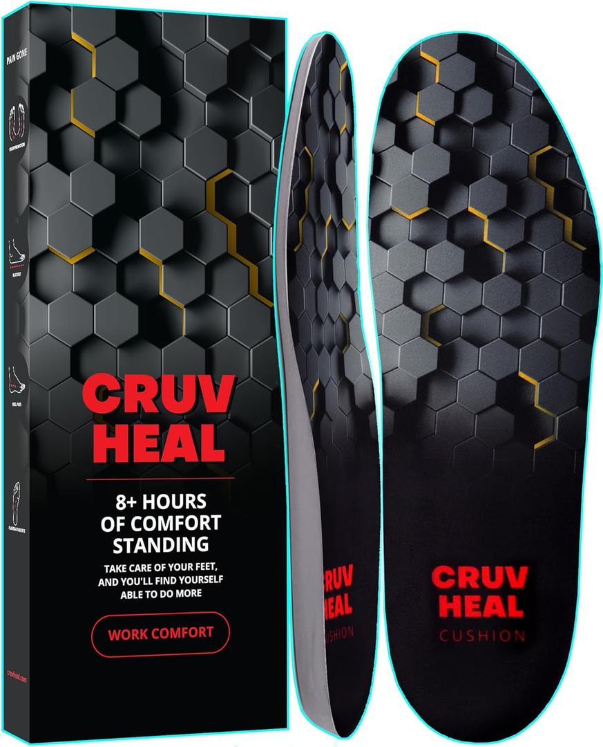CRUVHEAL Work Comfort Orthotic Insoles - Anti Fatigue Shoe Insert Men Women - Low Arch Support - Shock Absorption - Foot Pain Relief - Work Boot Insoles (S, Black)